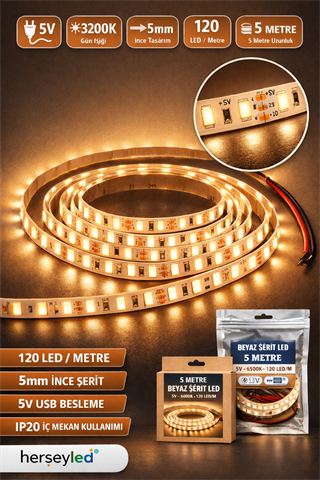 5V Günışığı Şerit LED – 5mm, 120 LED/Metre, IP20, İç Mekan, 5 Metre Paket