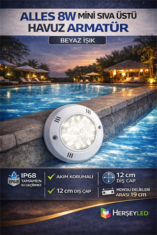 ALLES 8W MİNİ SIVA ÜSTÜ HAVUZ ARMATÜR IP68 BEYAZ IŞIK - AKIM KORUMALI - 12CM DIŞ ÇAP - ( MONTAJ DELİKLERİ ARASI 19CM )