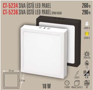 CATA 18W KARE SİYAH KASA BEYAZ IŞIK SIVA ÜSTÜ LED PANEL CT-5236 B