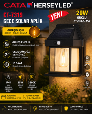 CATA 20W GECE SOLAR APLİK ( GÜNIŞIĞI IŞIK ) IP44 CT-7319