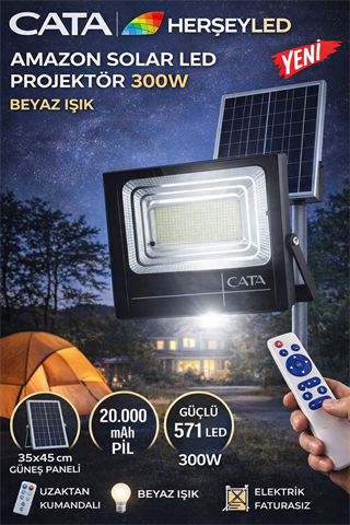 CATA (CT-4650) AMAZON SOLAR LED PROJEKTÖR 300W ( KUMANDALI ) BEYAZ IŞIK (35X45cm Solar panel )