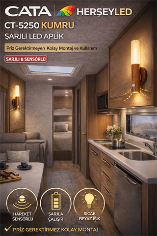 CATA (CT-5250) KUMRU ŞARJLI LED APLİK GÜNIŞIĞI IŞIK ( HAREKET SENSÖRLÜ ) ( AHŞAP GÖRÜNÜMLÜ KASA)
