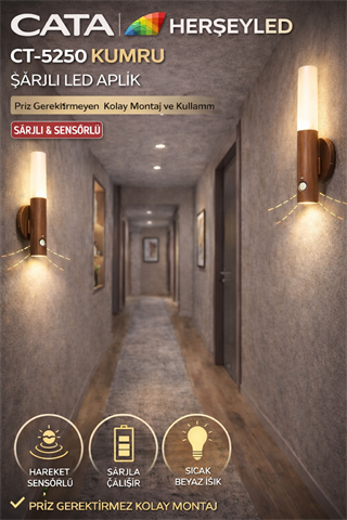 CATA (CT-5250) KUMRU ŞARJLI LED APLİK GÜNIŞIĞI IŞIK ( HAREKET SENSÖRLÜ ) ( AHŞAP GÖRÜNÜMLÜ KASA)