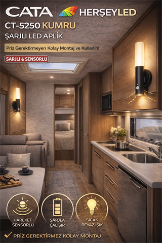 CATA (CT-5250) KUMRU ŞARJLI LED APLİK GÜNIŞIĞI IŞIK ( HAREKET SENSÖRLÜ ) ( SİYAH KASA)