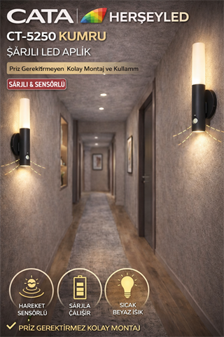 CATA (CT-5250) KUMRU ŞARJLI LED APLİK GÜNIŞIĞI IŞIK ( HAREKET SENSÖRLÜ ) ( SİYAH KASA)