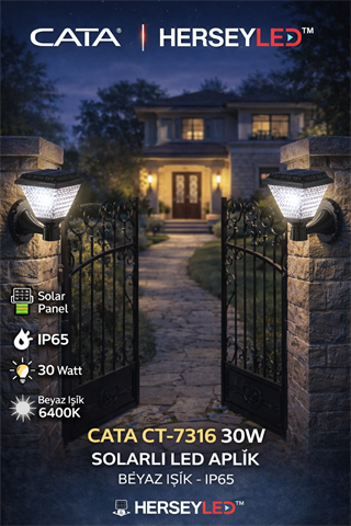 CATA CT-7316 30W SOLARLI LED APLİK BEYAZ IŞIK - IP65