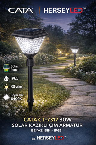 CATA CT-7317 30W SOLAR KAZIKLI ÇİM ARMATÜR BEYAZ IŞIK IP65