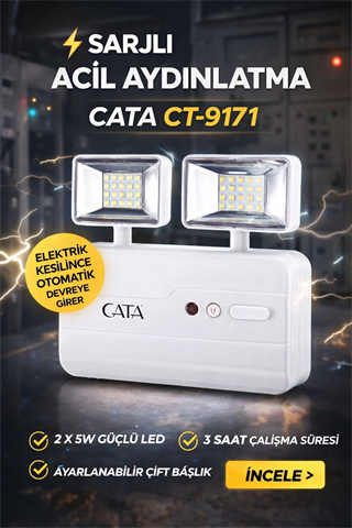 CATA CT-9171 Acil Aydınlatma Armatürü Işıldak - 2x5W LED - Şarjlı Acil Durum Lambası  #124;-3 Saat Çalışma Süresi