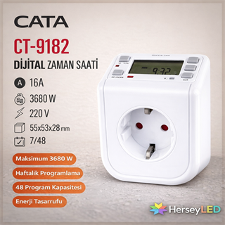 CATA CT-9182 Dijital Zaman Saati Priz Tipi - 16A - 3680W - Haftalık Programlı Zamanlayıcı