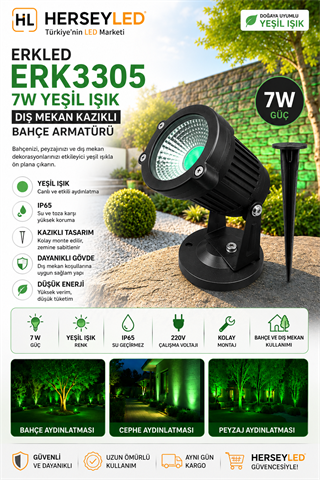 Erkled ERK-3305 7W Yeşil Işık IP65 Dış Mekan Kazıklı Bahçe Armatürü
