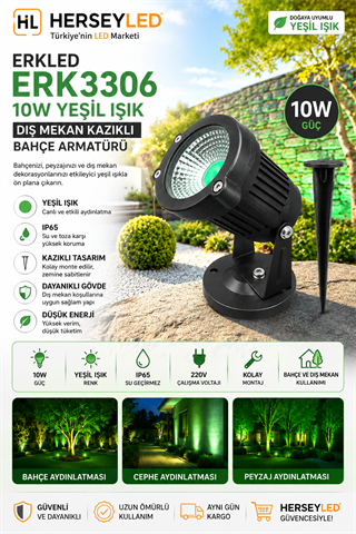 Erkled ERK-3306 10W Yeşil Işık IP65 Dış Mekan Kazıklı Bahçe Armatürü