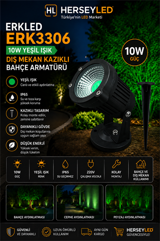 Erkled ERK-3306 10W Yeşil Işık IP65 Dış Mekan Kazıklı Bahçe Armatürü