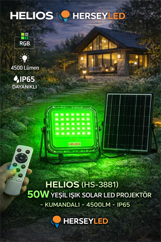 HELIOS (HS-3881) 50W YEŞİL IŞIK SOLAR LED PROJEKTÖR - KUMANDALI - 4500LM - IP65