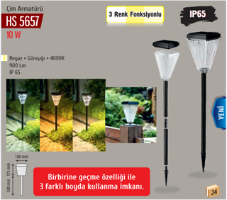 HELIOS 10W 3RENK (BEYAZ+4000K+GÜNIŞIĞI) KAZIKLI SOLAR BAHÇE ARMATUR HS-5657