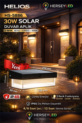 HELİOS (HS-5886) 30W SOLAR DUVAR APLİK ( 3 RENK - BEYAZ + GÜNIŞIĞI + 4000K )