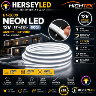 HIGHTEK 12V NEON LED BEYAZ 6500K ( 5mt/pk )  (6x12mm) HT-2000