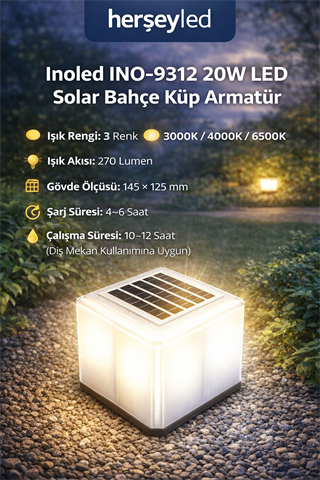 Inoled INO-9312 20W LED Solar Bahçe Küp Armatür