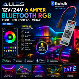 RGB Piksel led kontrol cihazı Bluethooth kontrollü 6 amper 5V/12V/24V (HT-2209)