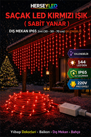 SAÇAK LED KIRMIZI IŞIK  ( SABİT YANAR ) DIŞ MEKAN IP65 2mt (30 -50-70cm) EKLENEBİLİR 144 LEDLİ BEYAZ KABLOLU YILBAŞI LED IŞIK 220V (ALS-1441KS )