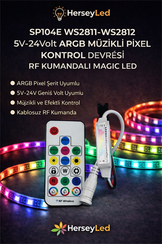 SP104E WS2811-WS2812 12-24 Volt ARGB Müzikli Pixel Kontrol Devresi RF Kumandalı Magic Led
