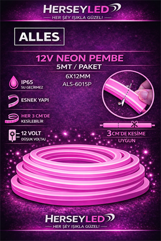 ALLES 12V NEON PEMBE 5MT / PAKET 6X12MM