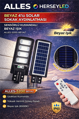 ALLES BEYAZ 4-LÜ SOLAR SOKAK AYDINLATMASI SENSÖRLÜ KUMANDALI BEYAZ IŞIK ALLES-5200