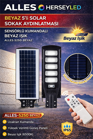 ALLES BEYAZ 5-LI SOLAR SOKAK AYDINLATMASI SENSÖRLÜ KUMANDALI BEYAZ IŞIK ALLES-5250