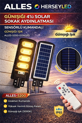 ALLES GÜNIŞIĞI 4-LÜ SOLAR SOKAK AYDINLATMASI SENSÖRLÜ KUMANDALI GÜNIŞIĞI IŞIK ALLES-5200