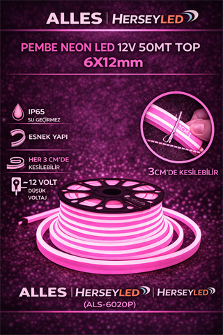 ALLES PEMBE 12V NEON LED 50MT TOP 6X12mm