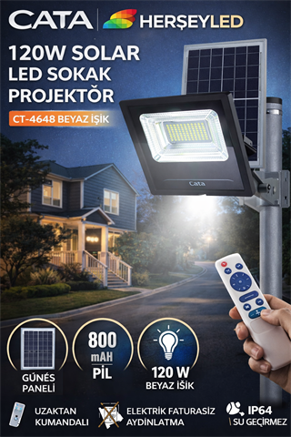 Cata (CT-4648)  120W SOLAR Led Sokak Prjektör KONGO (Beyaz Işık) (29X35 Solar panel )