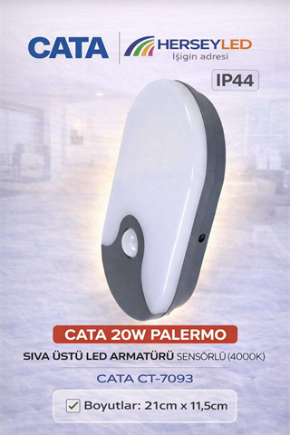 CATA 20W PALERMO SIVA ÜSTÜ LED ARMATÜRÜ SENSÖRLÜ ( 4000K ) CATA CT-7093
