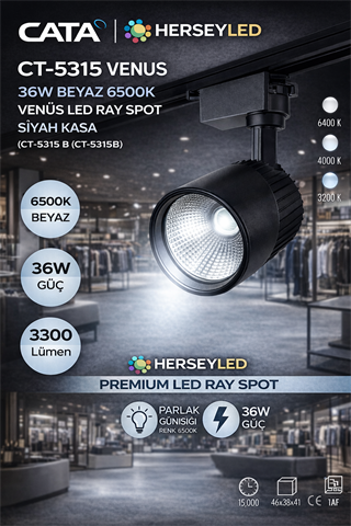 CATA 36W BEYAZ 6500K VENÜS LED RAY SPOT SİYAH KASA CT-5315 B