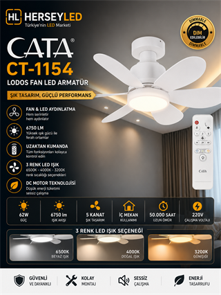 Cata CT-1154 62W 6500K Beyaz Lodos 6 Kanatlı Kumandalı Lambalı Tavan Vantilatörü