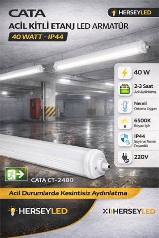 Cata CT-2480 40 Watt Acil Kitli Nemli Yer Etanj Armatür BEYAZ IŞIK 6500K
