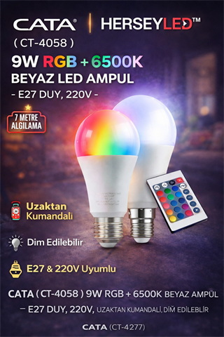CATA CT-4058 9W RGB + 6500K Beyaz LED Ampul – E27 Duy, 220V, Uzaktan Kumandalı, Dim Edilebilir