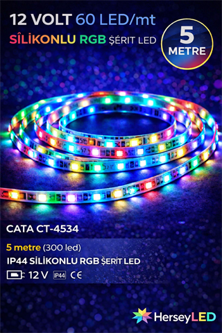 CATA CT-4534 12V Silikonlu RGB Şerit LED – 5 Metre, Suya Dayanıklı, Esnek Yapı