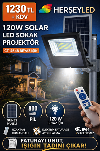 Cata (CT-4648)  120W SOLAR Led Sokak Prjektör KONGO (Beyaz Işık) (29X35 Solar panel )
