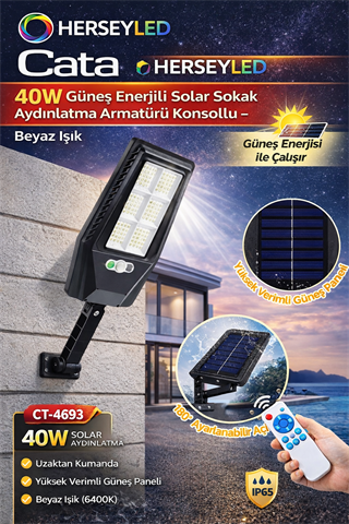 Cata CT-4693 40W Güneş Enerjili Solar Sokak Aydınlatma Armatürü Konsollu – Beyaz Işık