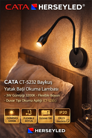 CATA CT-5232 Baykuş Yatak Başı Okuma Lambası - 3W Günışığı 3200K - Flexible Boyun - Duvar Tipi Okuma Apliği