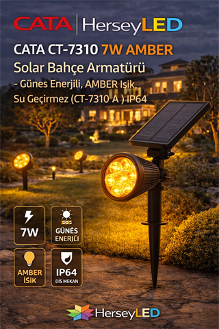 CATA CT-7310 7W AMBER Solar Bahçe Armatürü – Güneş Enerjili, AMBER Işık, Su Geçirmez (CT-7310 )