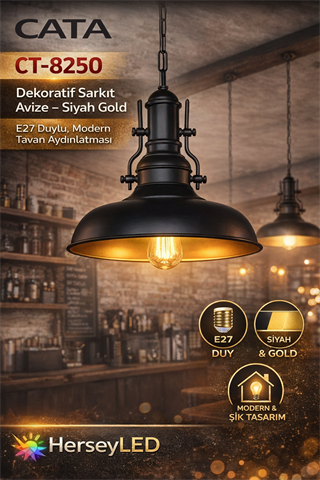 CATA CT-8250Dekoratif Sarkıt Avize – Siyah Gold, E27 Duylu, Modern Tavan Aydınlatması