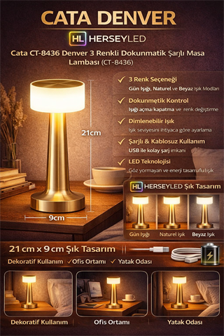 Cata CT-8436 Denver 3 Renkli Dokunmatik Şarjlı Masa Lambası
