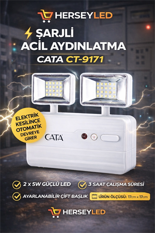 CATA CT-9171 Acil Aydınlatma Armatürü Işıldak - 2x5W LED - Şarjlı Acil Durum Lambası  #124;-3 Saat Çalışma Süresi