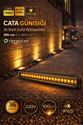 CATA GÜNIŞIĞI 36W Profesyonel Ultra Slim Nem ve Buhar Filtreli Gold Wall Washer 100cm CT-4697