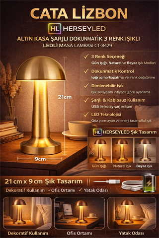 CATA LİZBON ALTIN KASA ŞARJLI DOKUNMATİK 3 RENK IŞIKLI LEDLİ MASA LAMBASI  CT-8429