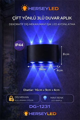 ÇIFT YÖNLÜ 3LÜ DUVAR APLIK DEKORATIF DIŞ MEKAN MAVI LED AYDINLATMA