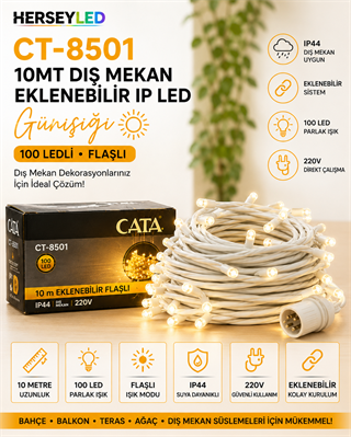 CT-8501 10mt Dış Mekan Eklenebilir ( Günışığı ) ( Flaşlı ) 100 ledli İp Led Cata