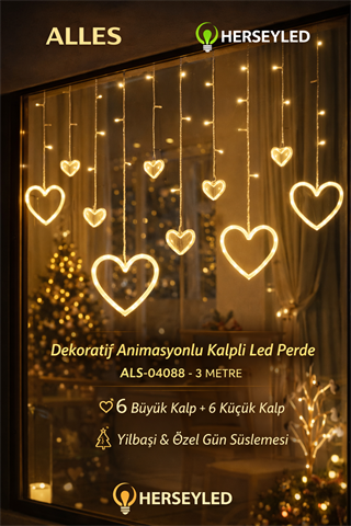 Dekoratif Animasyonlu Kalpli Led Perde Led Işık Saçak Led Perde Yılbaşı Süs