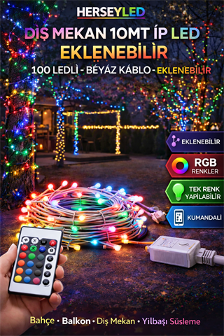 Dış Mekan 10mt İp led Eklenebilir 100 ledli - BEYAZ kablo - EKLENEBILIR - istenirse Tek Renk yapılabilir-  RGB  ( Kumandalı )