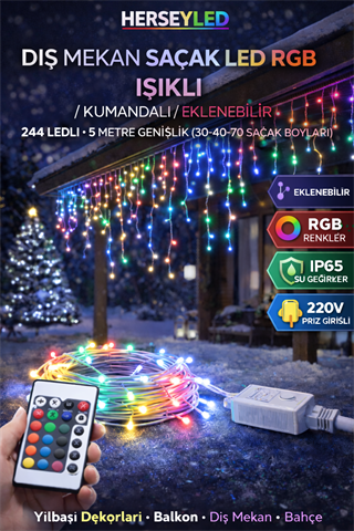 Dış mekan Saçak led RGB ışıklı / Kumandalı / Eklenebilir /  244 ledli , 5 metre genişlik  ( 30-40-70 saçak boyları )